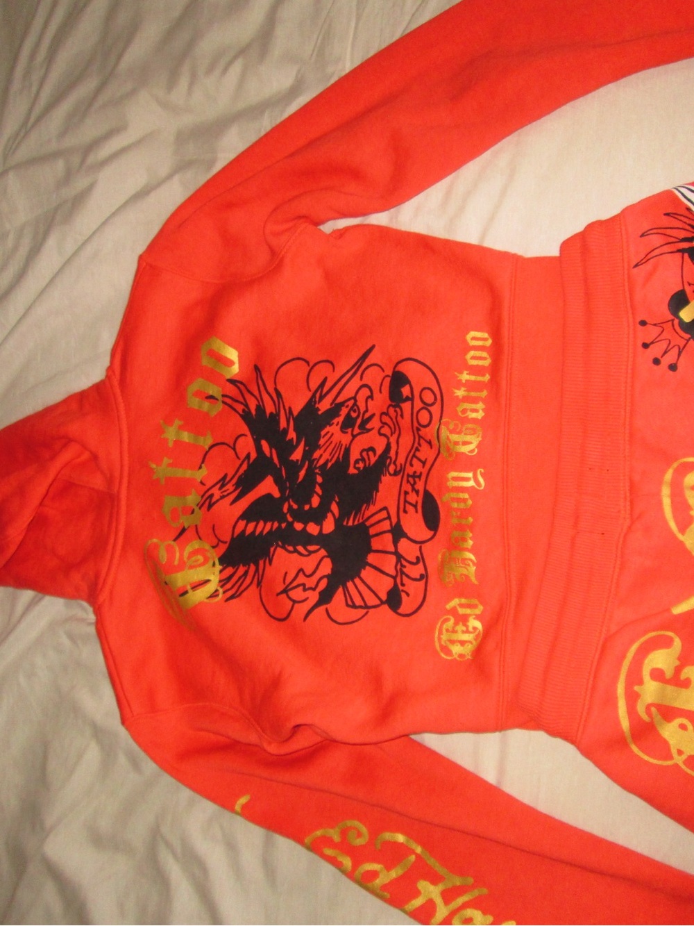 Ed Hardy Orange Graphic Zip-Up Hoodie and Shorts Set - Picture 4 of 5